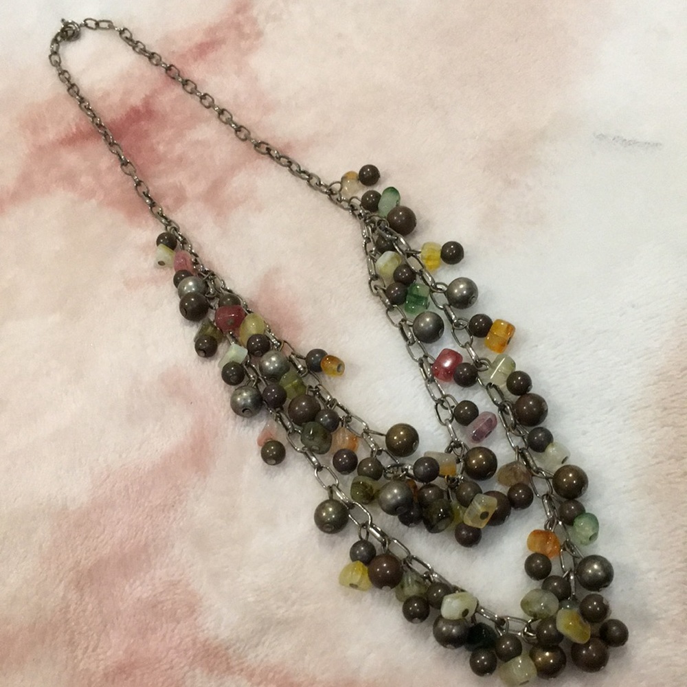 Rustic Vintage Metal Balls and Quartz Chip Chain Necklace Double strand Resale